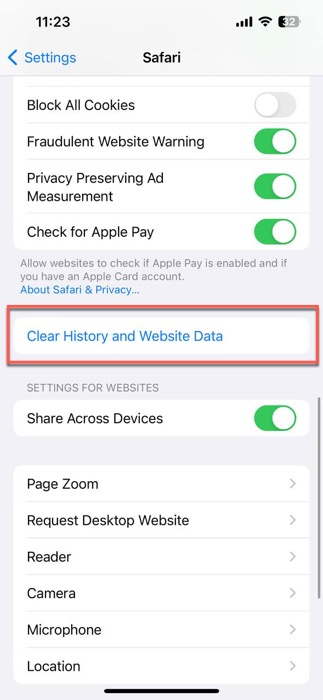 clear history and website data safari highlighted