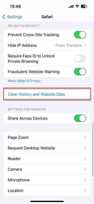 clear history and website data selected