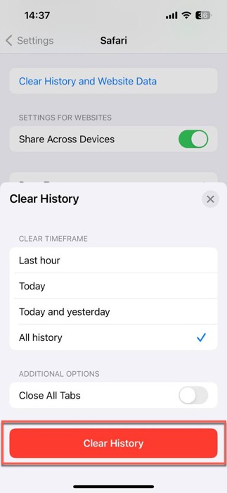 clear history confirmation option highlighted