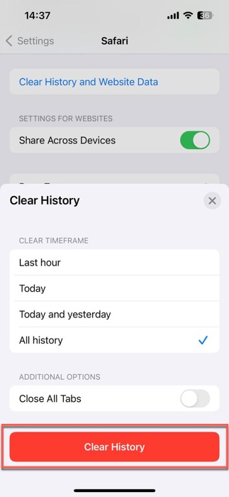 clear history confirmation option highlighted