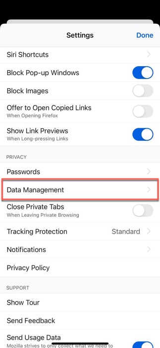 data management option highlighted firefox