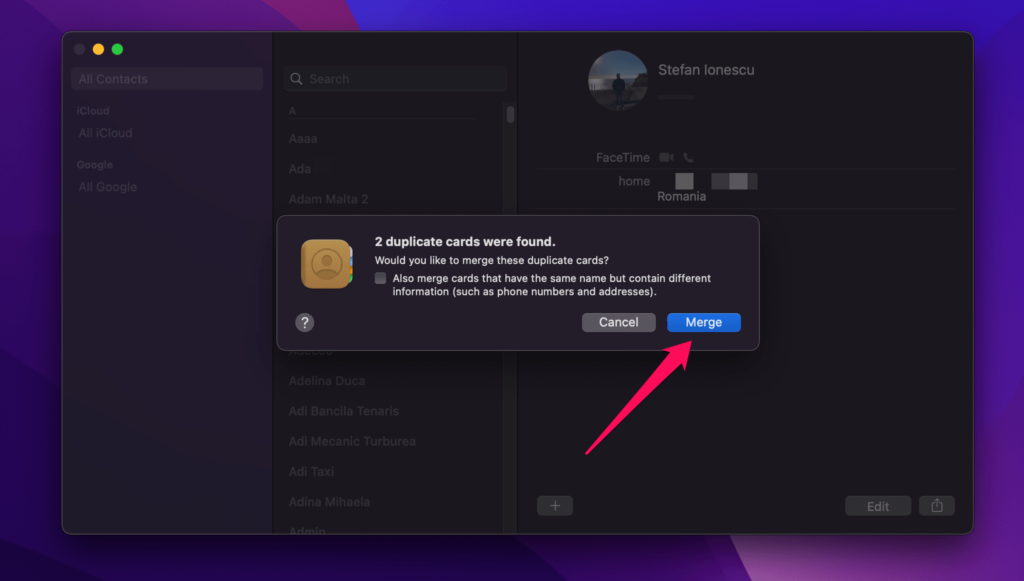 merge duplicate iphone contacts on mac