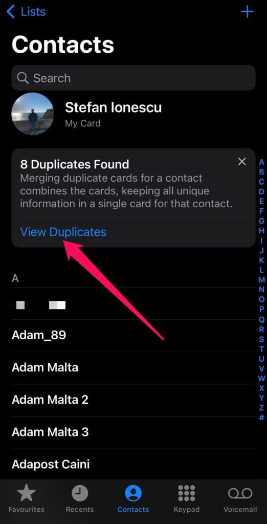 view duplicate contacts on iphone