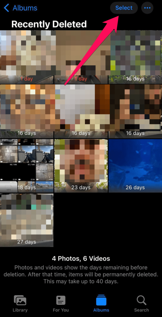 select recently deleted photos on iphone