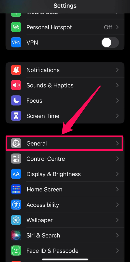 General Settings on iPhone