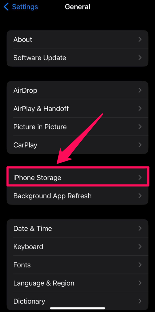 Storage Settings on iPhone