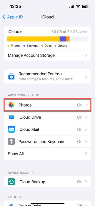 icloud photos option selected