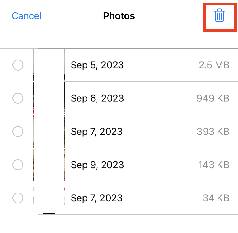 message attachment selecting photos to delete