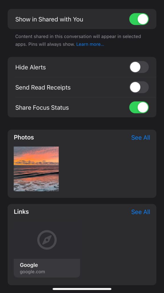 Scroll down to attachments in Messages app