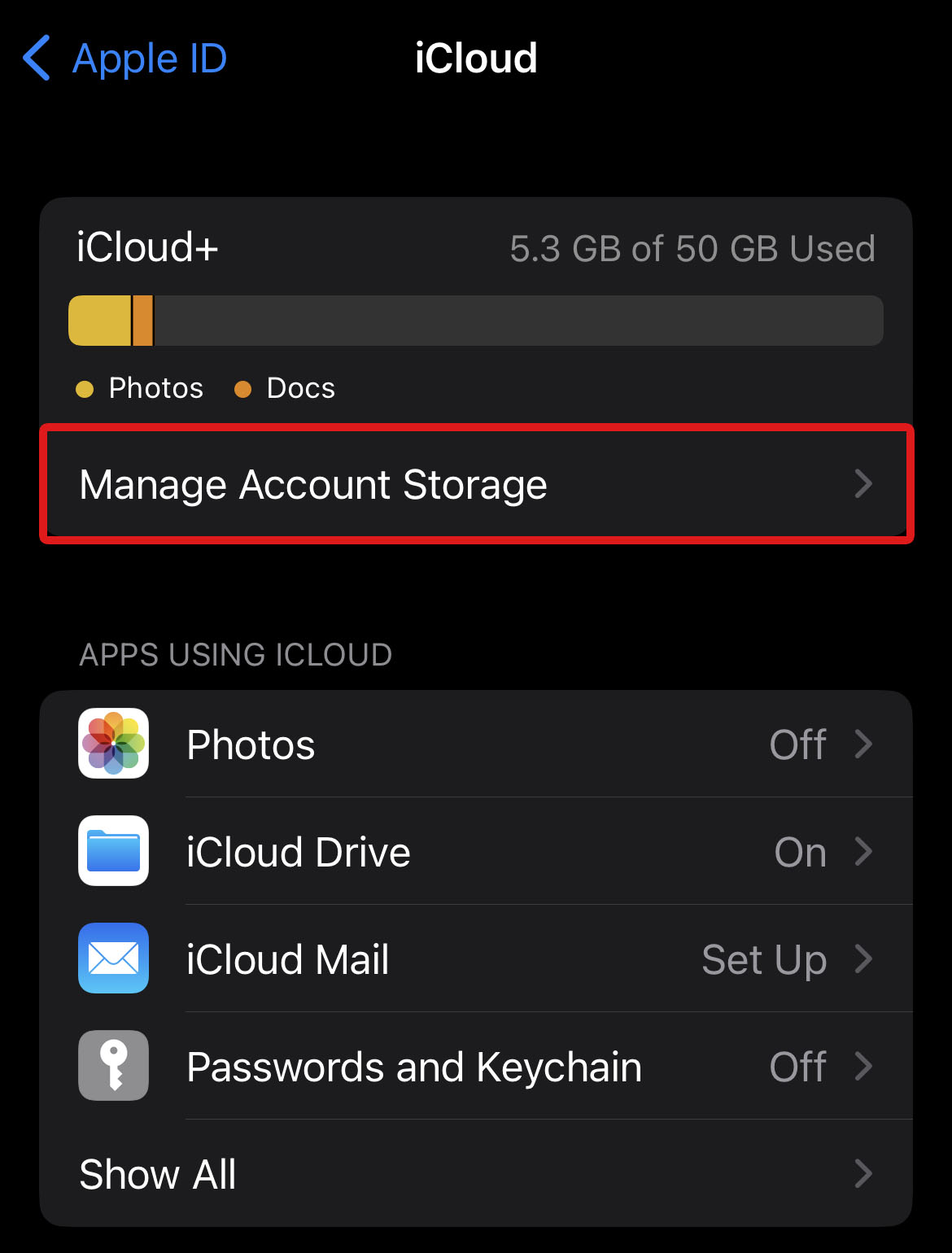 tap manage account storage