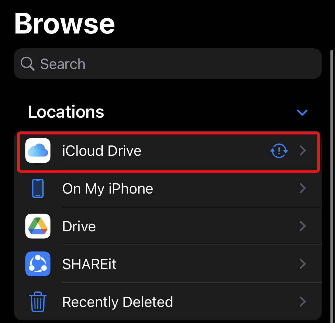 select icloud drive in files
