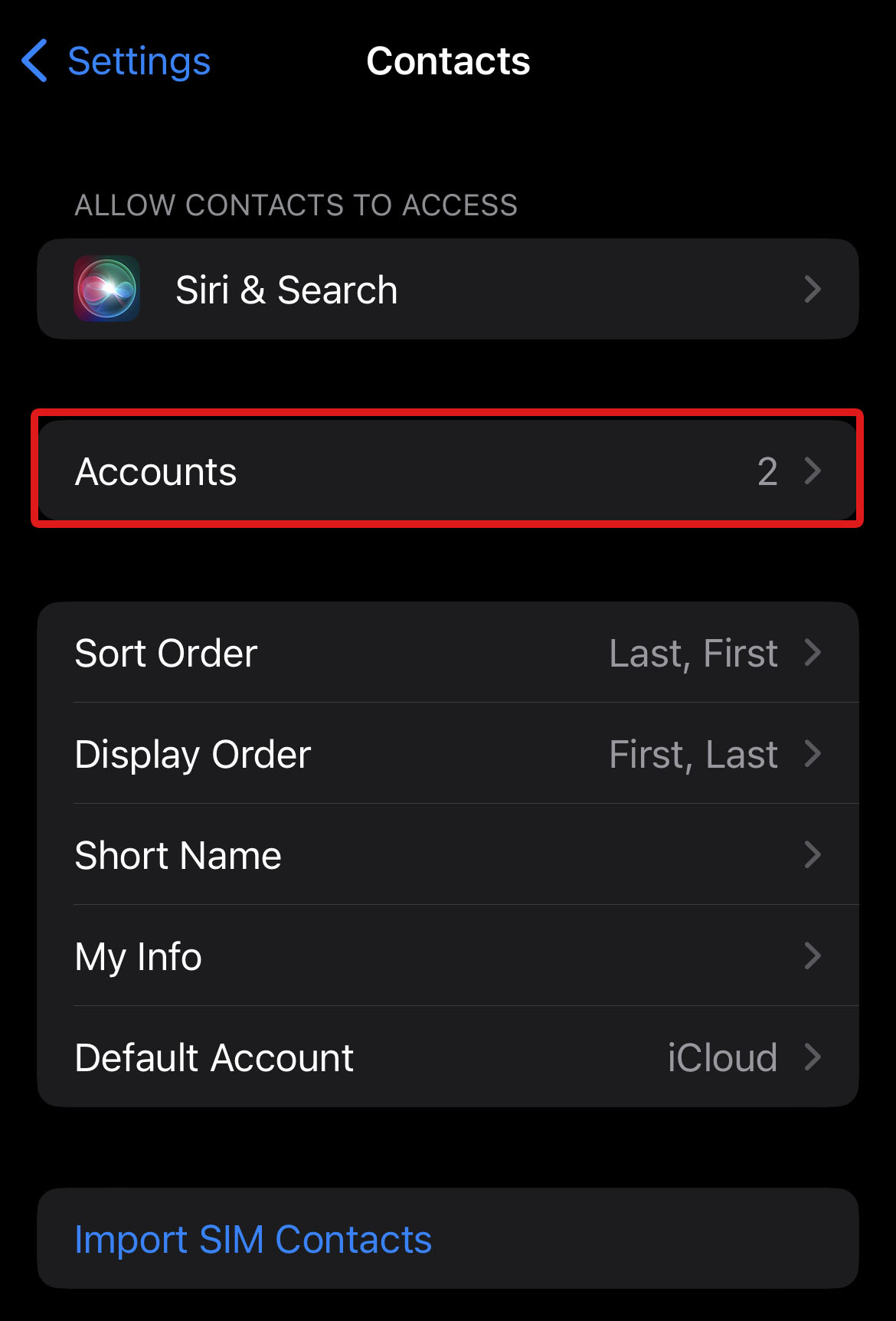 settings contact accounts