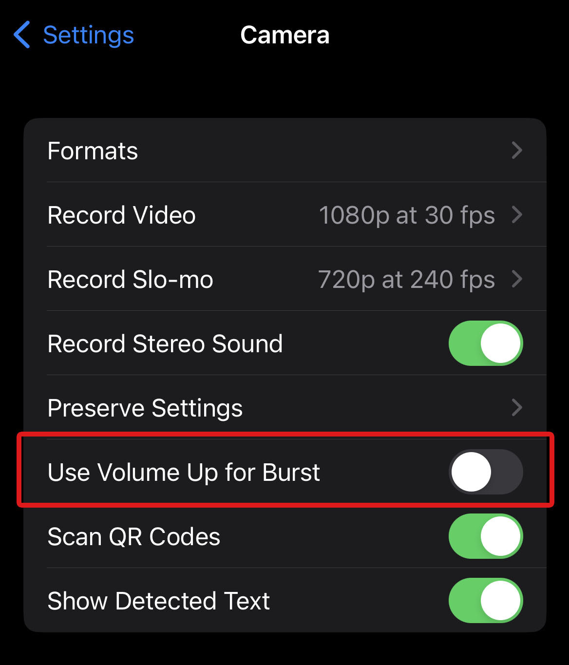 turn off use volume up for burst