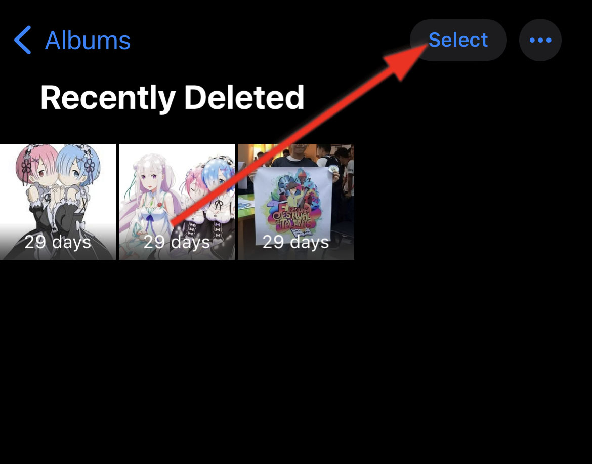 tap select to choose recently deleted photos
