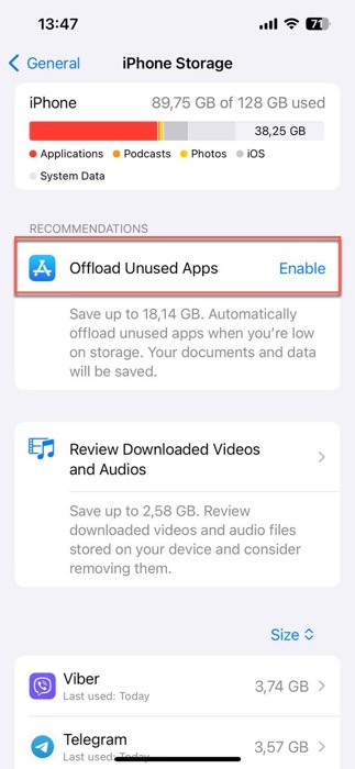 offload unused apps selected