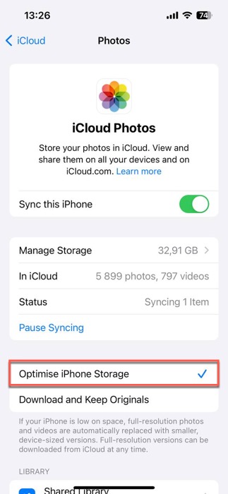 optimize iphone storage selected