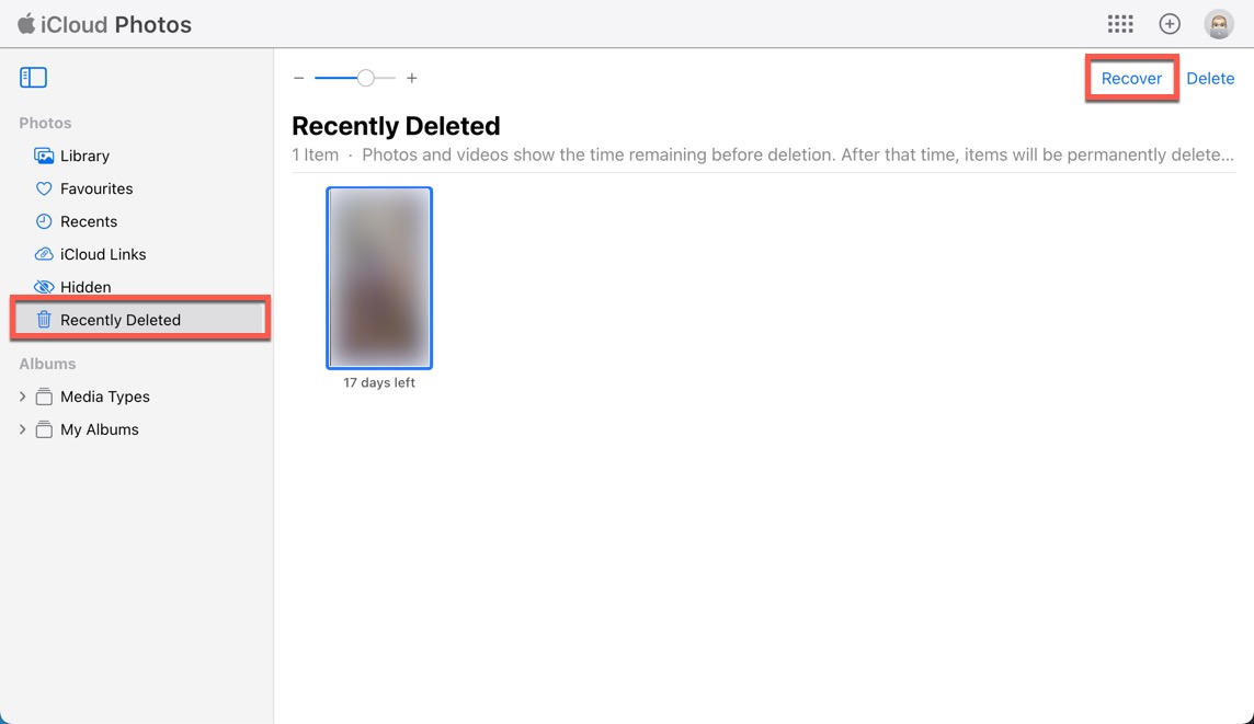 recently deleted album icloud recover