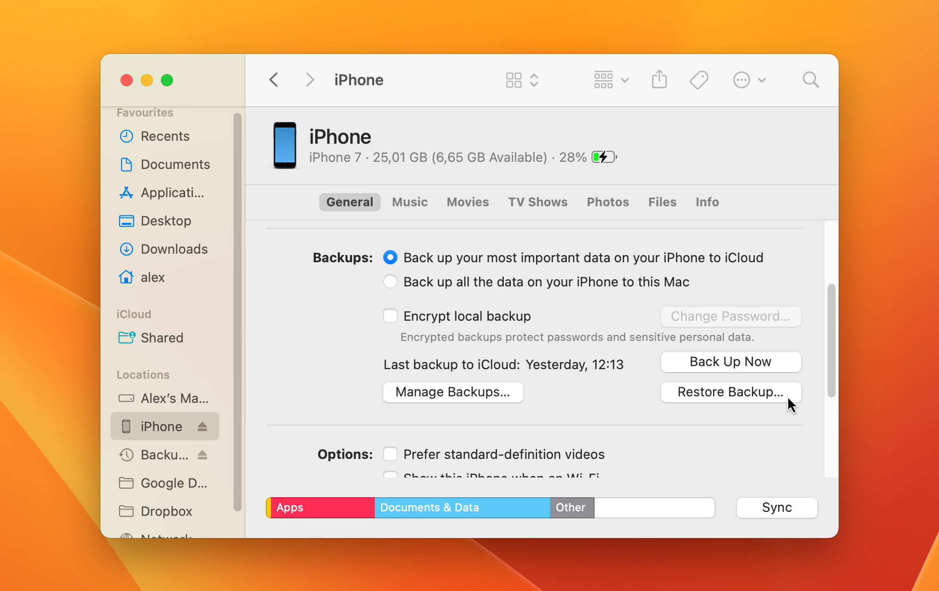 restore iPhone backup in Finder