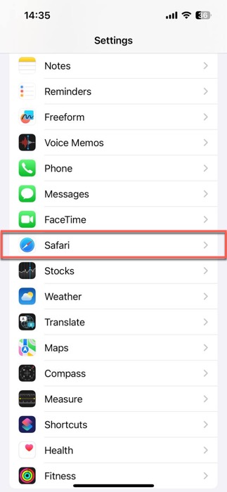 safari menu category highlighted