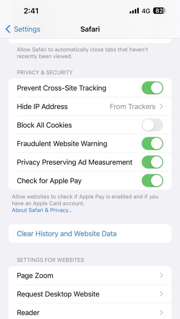 Tap on Clear History and Website Data