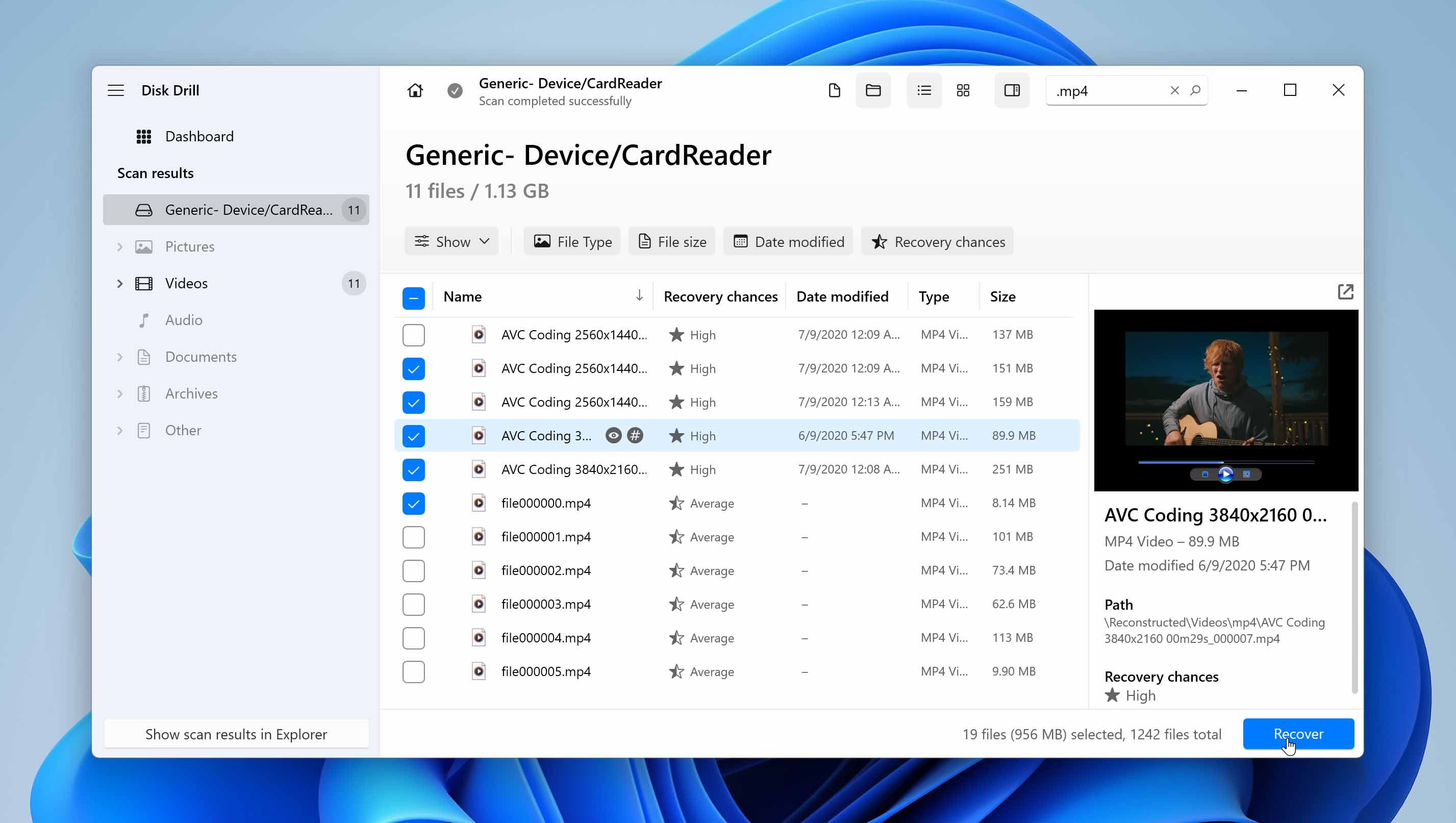 Select files for recover and click Recover button