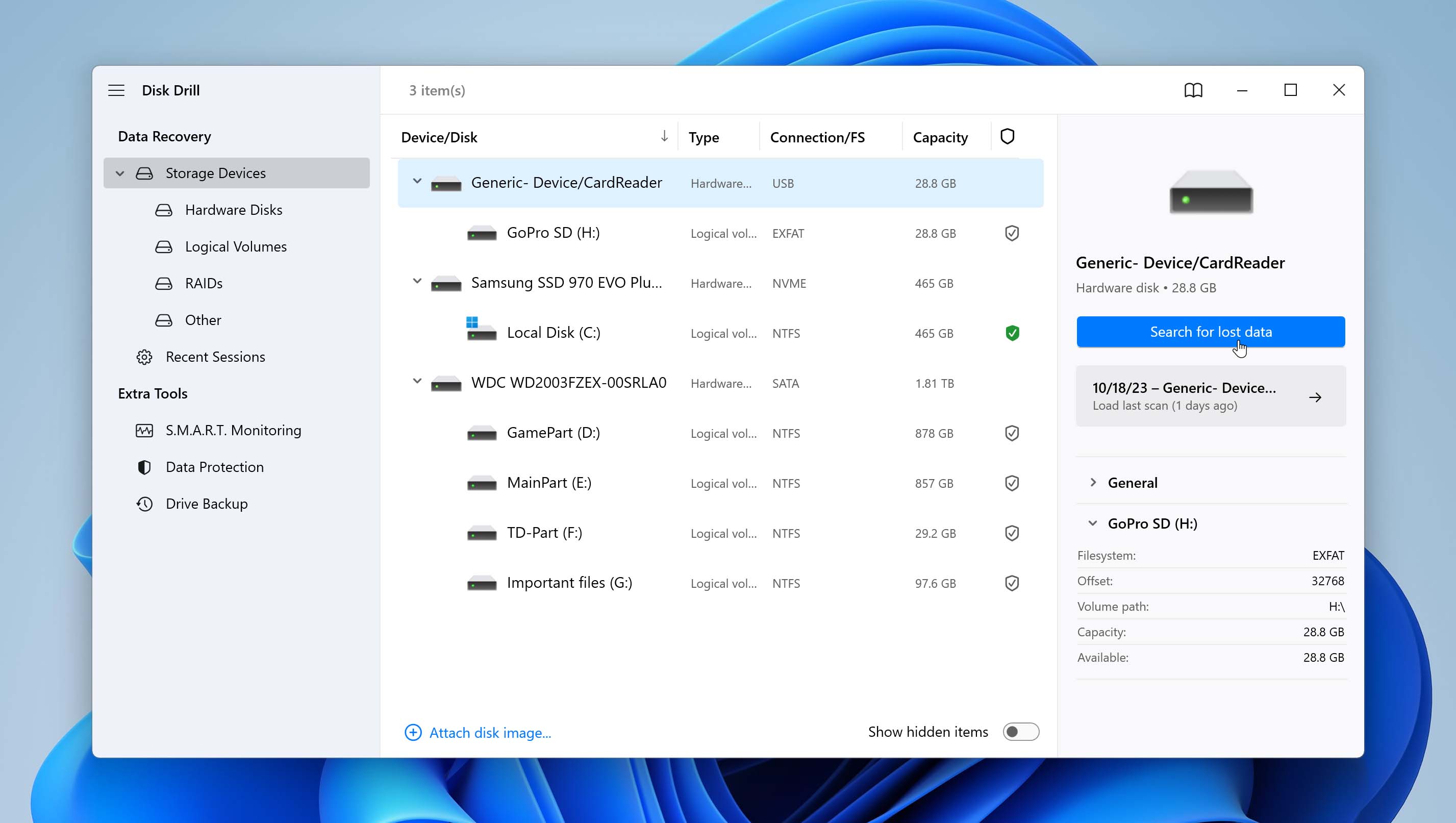 Select formatted SD card in Disk Drill