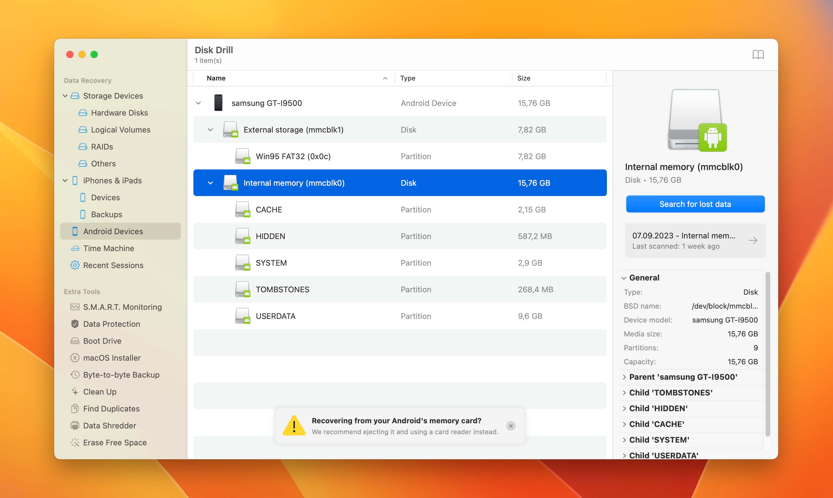 choose samsung device to scan via disk drill