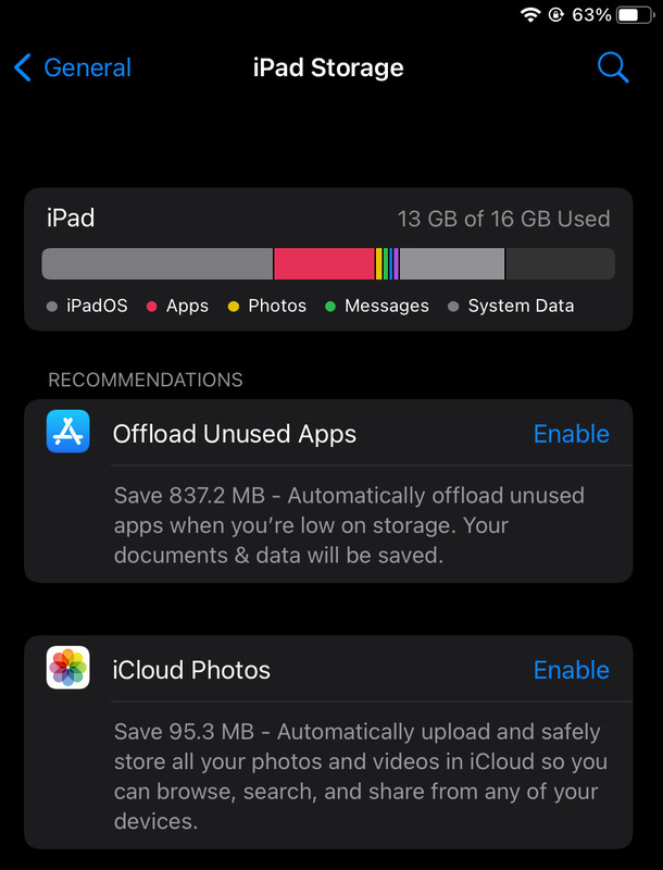 settings ipad storage