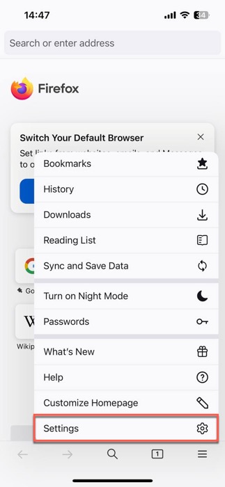 settings option highlighted firefox