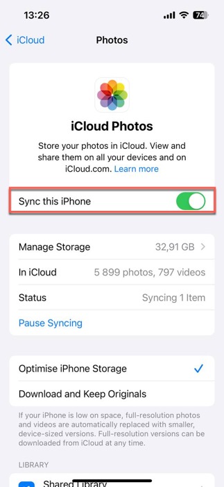 sync this iphone option selected