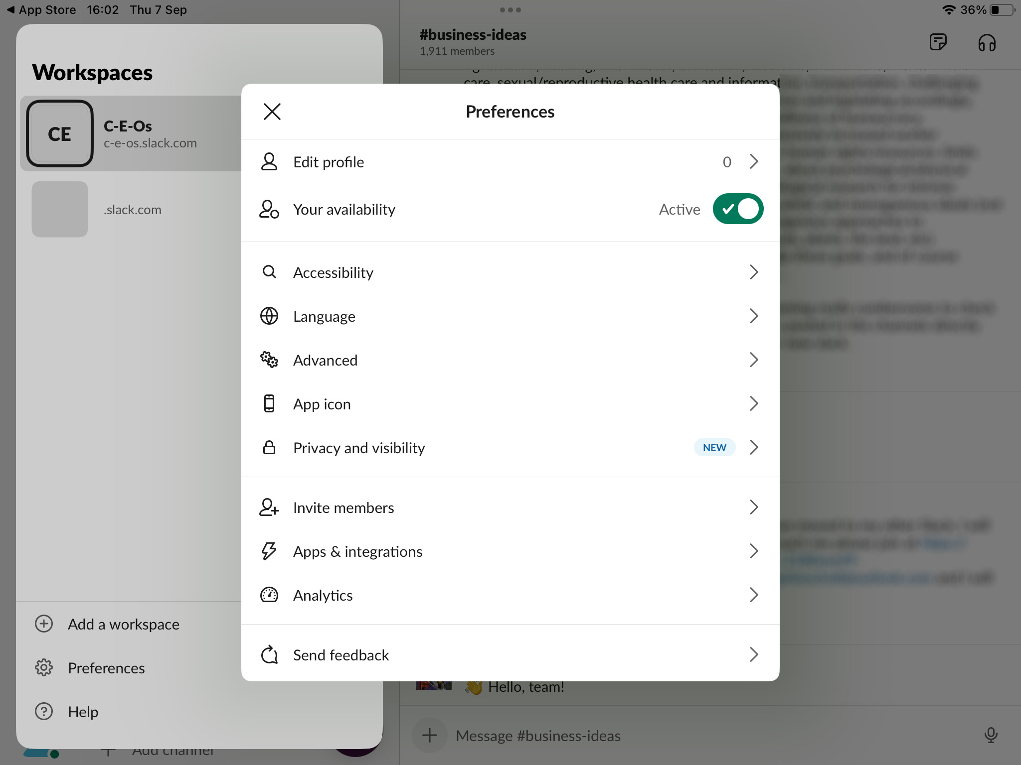 Tap the Advanced option in Slack preferences