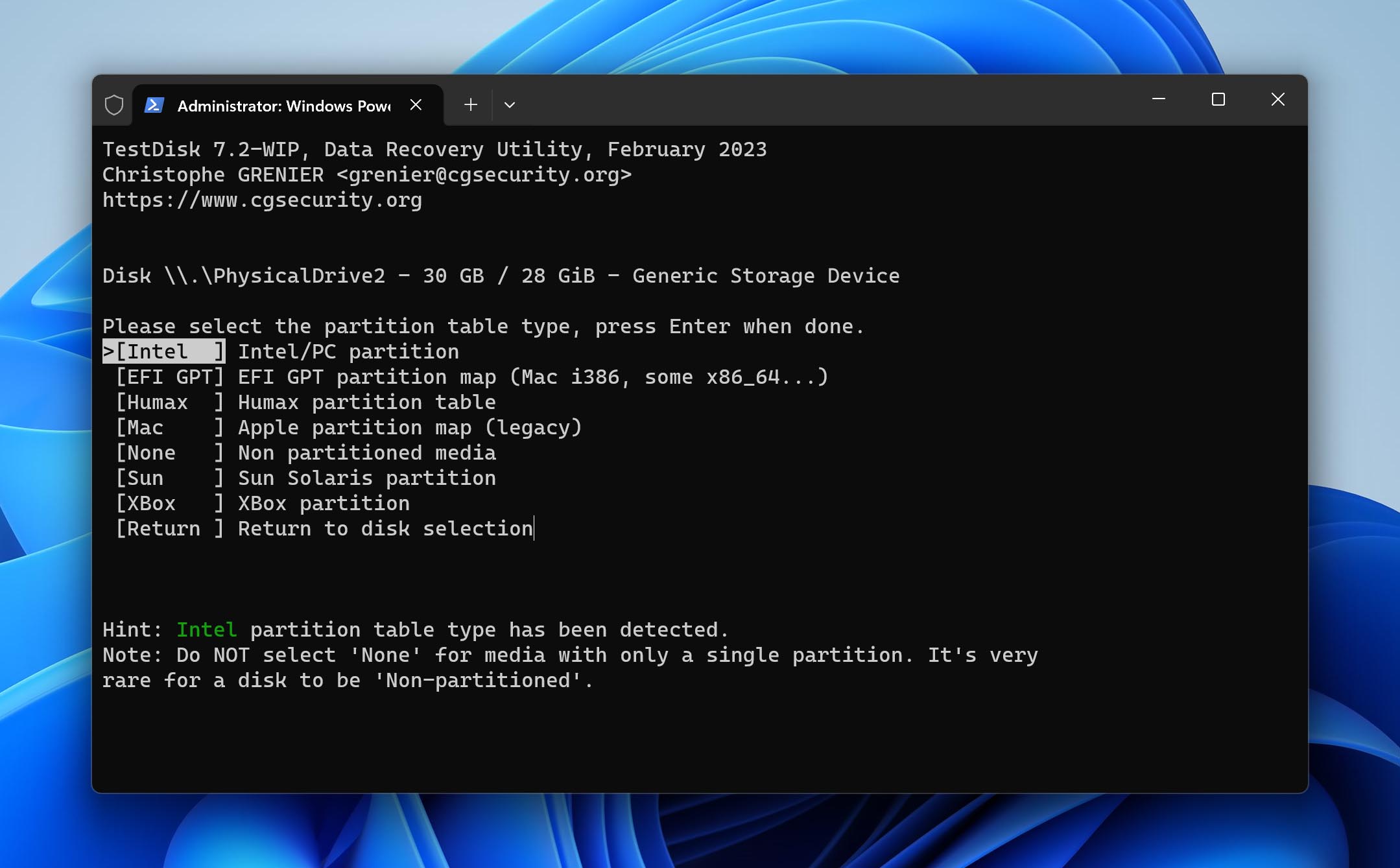 Testdisk Select Partition Type