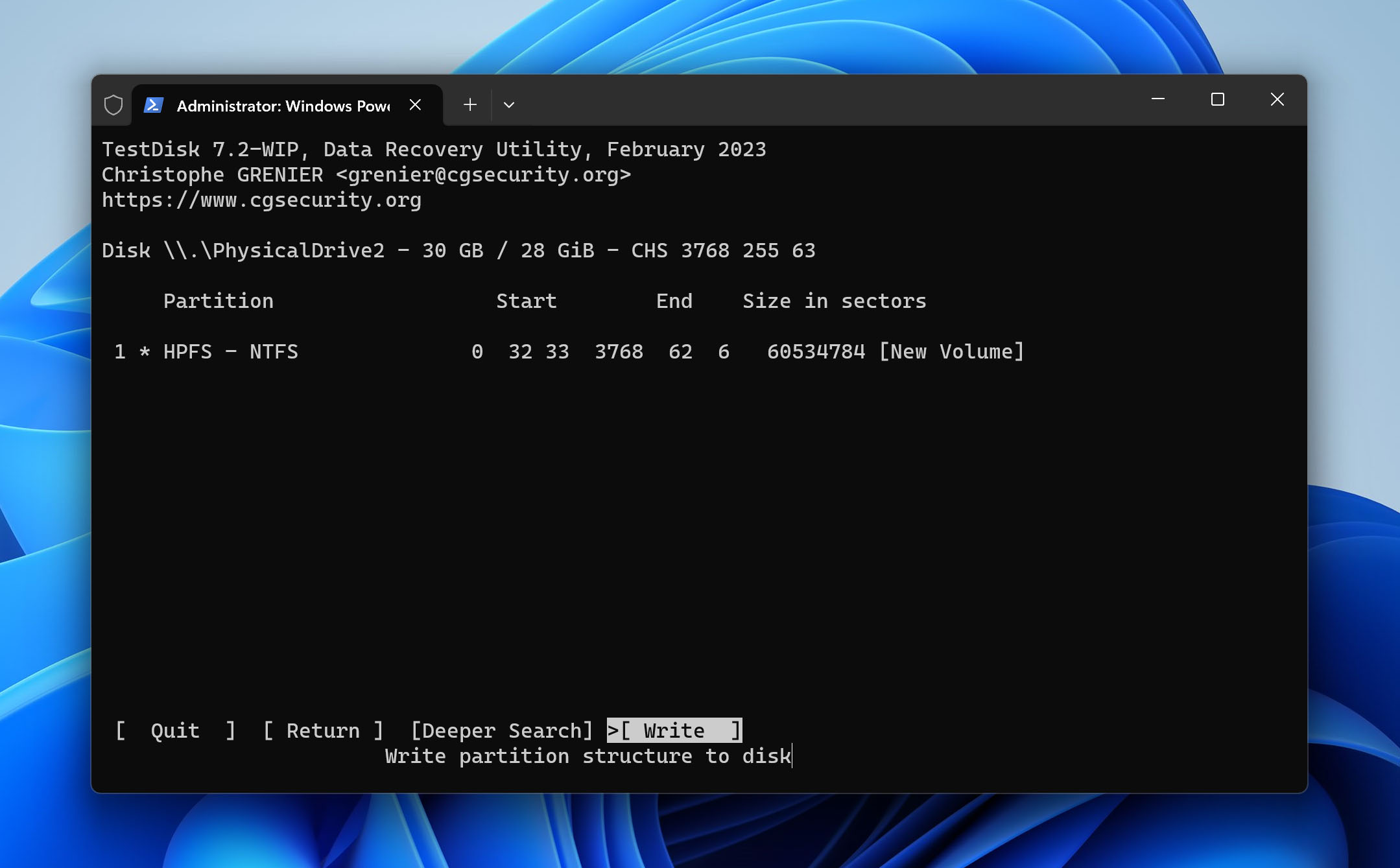 Testdisk Write Partition