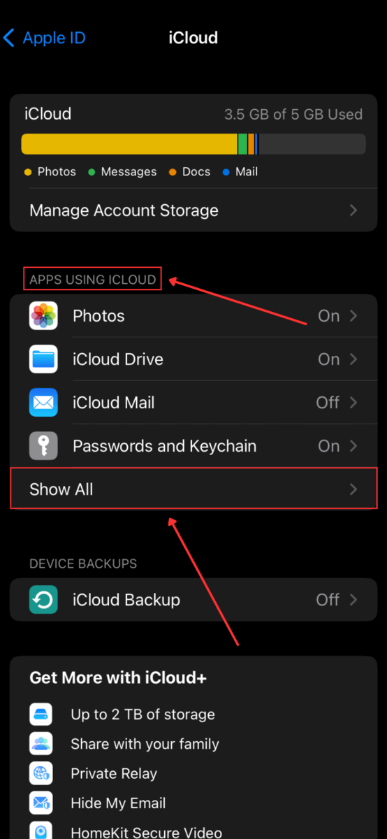 Show all in icloud in Apple ID