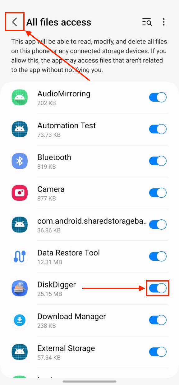 DiskDigger Full Access permission settings