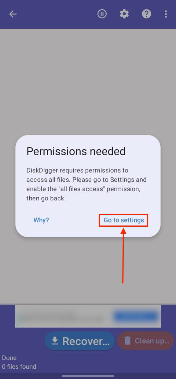 Permissions request popup dialogue in DiskDigger