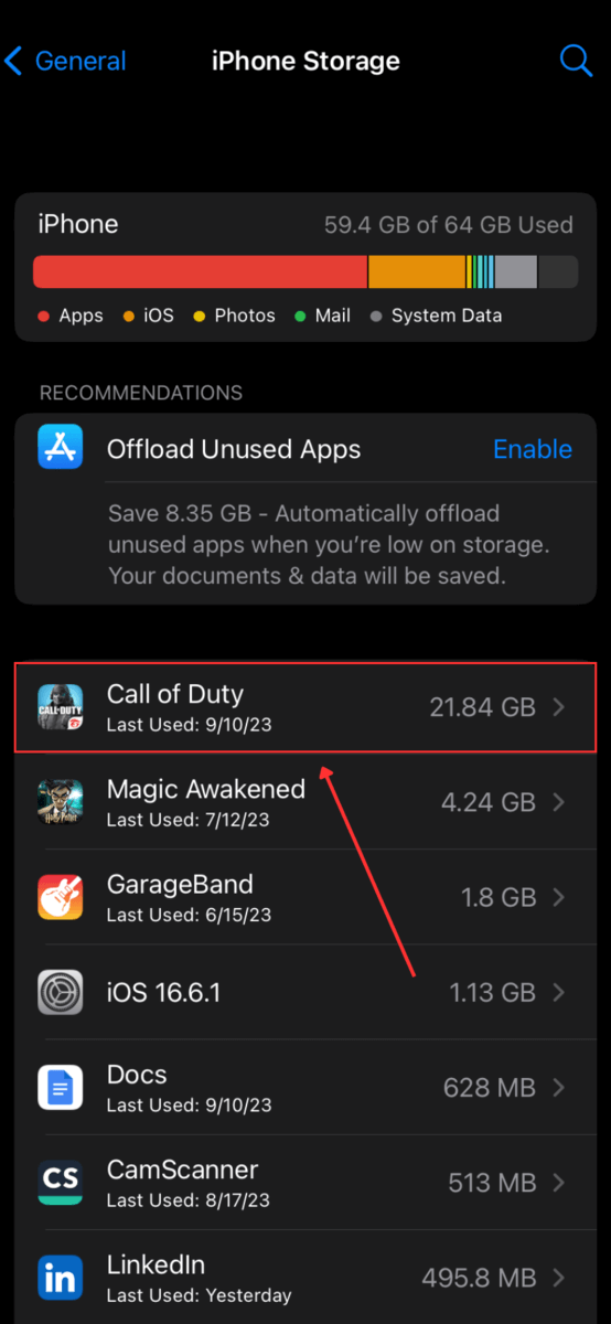 Call of Duty in Iphone Storage under General Setings