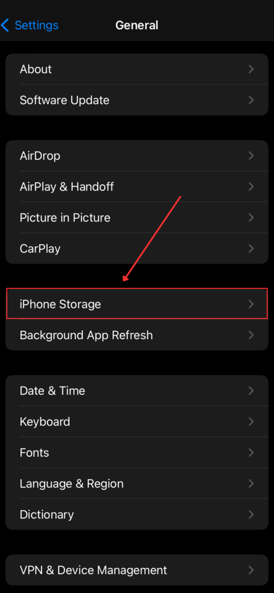 iPhone Storage in General Settings