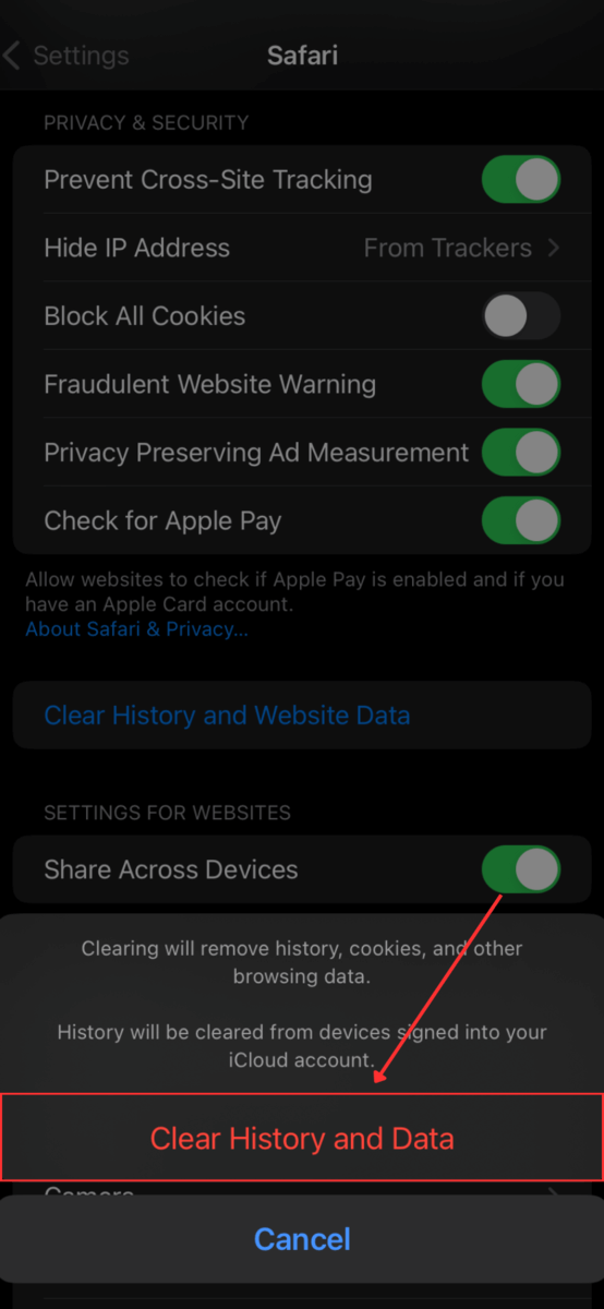 Clear History Data Option of Safari in Settings App