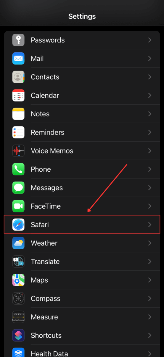 Safari in Settings App