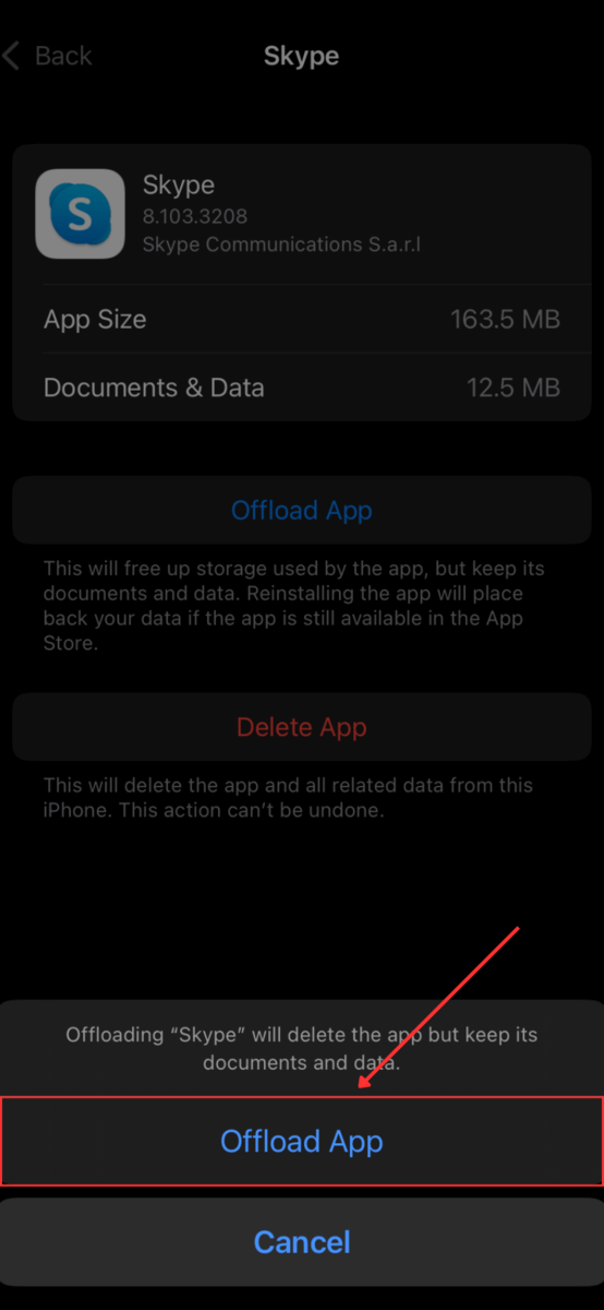 Confirm offload in Skype App