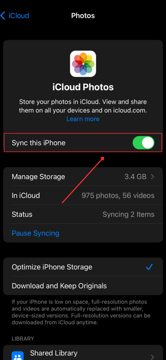 Syn option in icloud photos settings