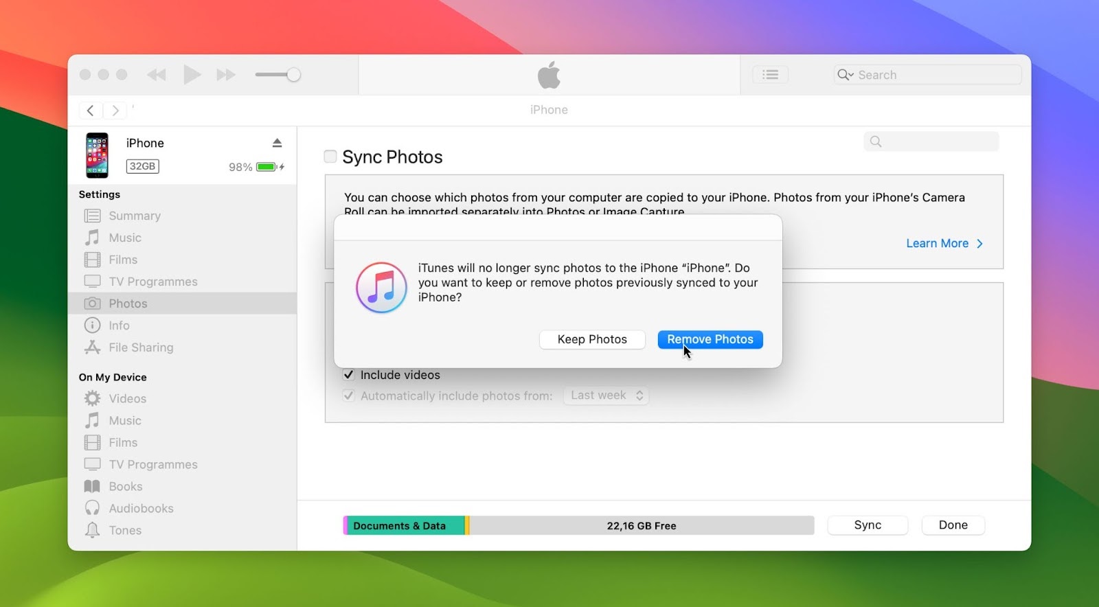 remove photos options iTunes