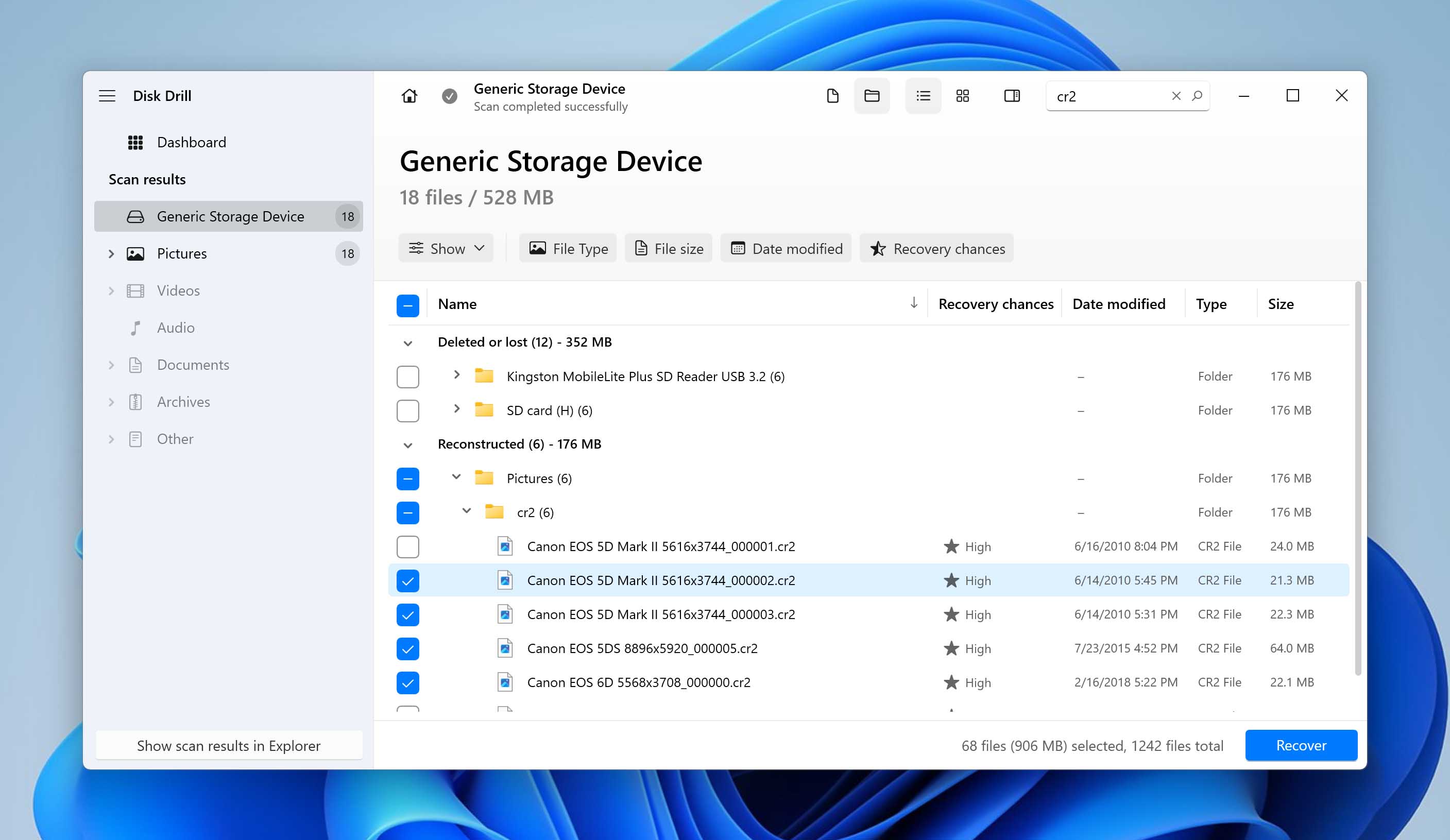 file selection window in disk drill