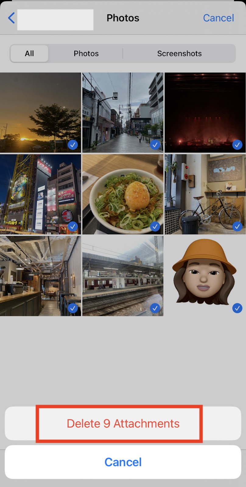 selecting all the photos to delete attachments