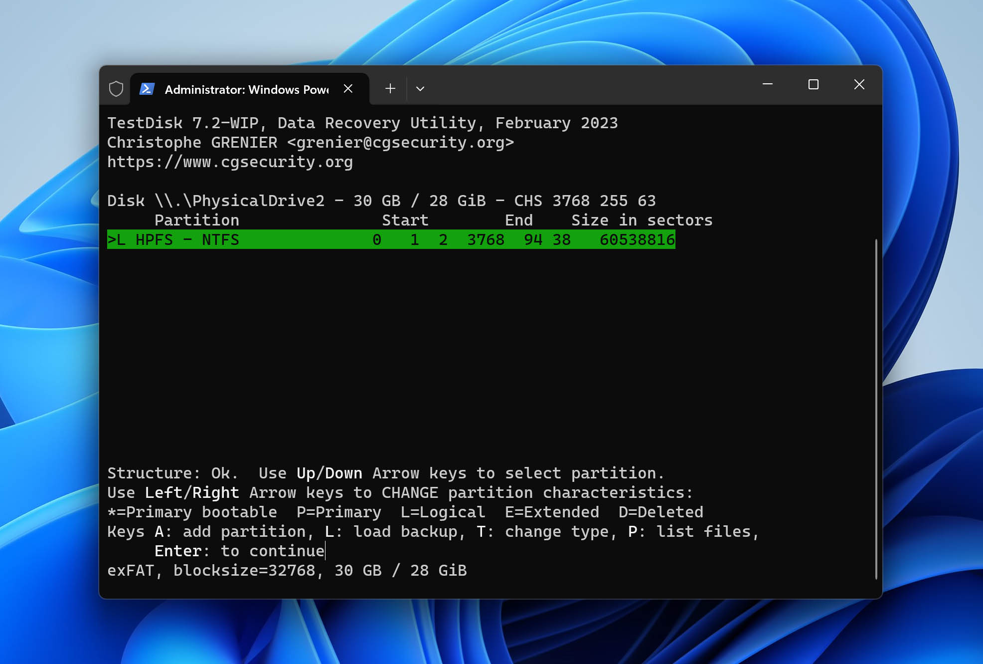 TestDisk user interface.