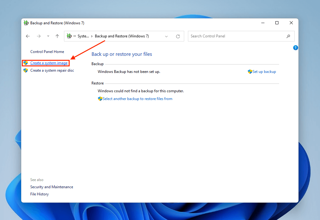 Create system image button in the Backup and Restore menu