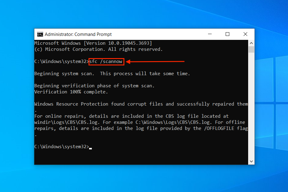 SFC Scan command in Command Prompt