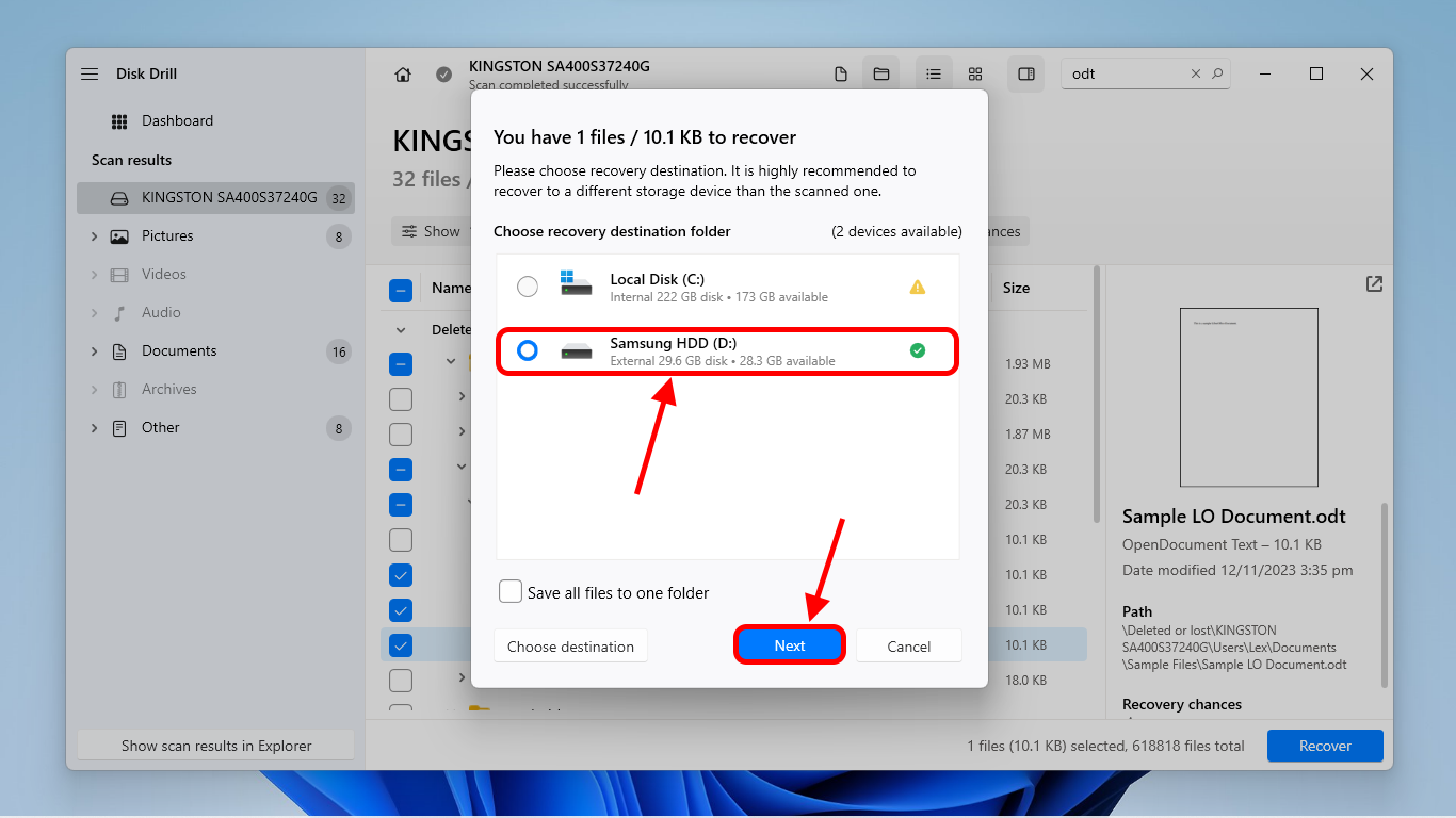 Disk Drill recovery destination menu