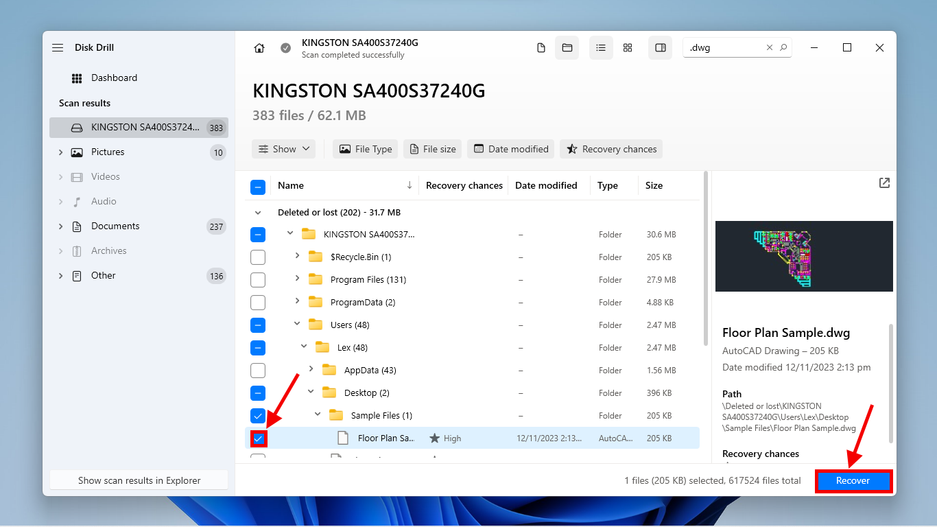 Disk Drill selection boxes and Recover button